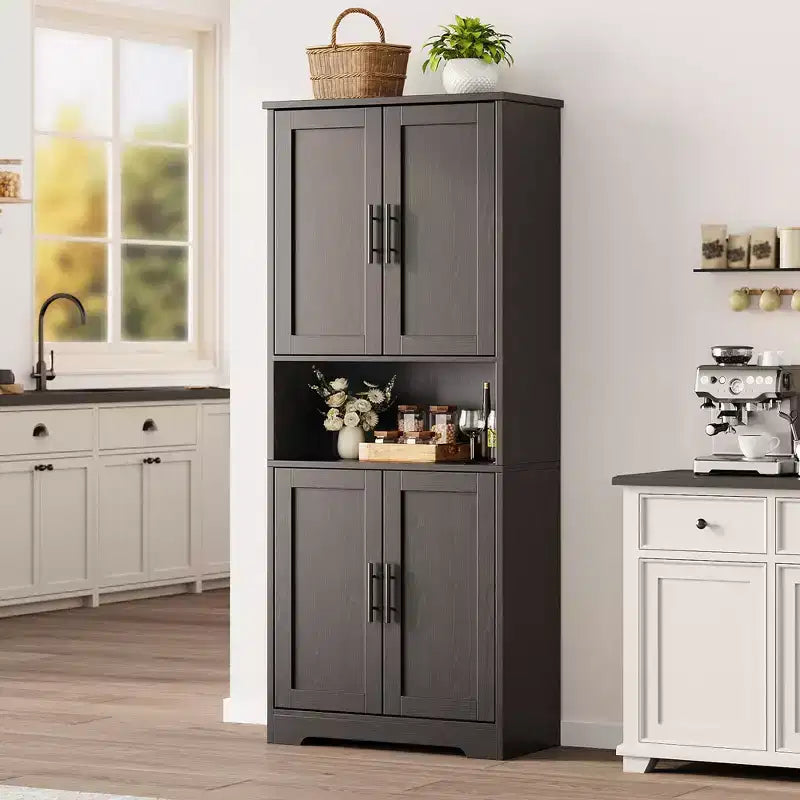 Meuble de rangement, armoire de cuisine haute de 178 cm - buffet autoportant à 4 portes avec étagères réglables, noir/gris/blanc