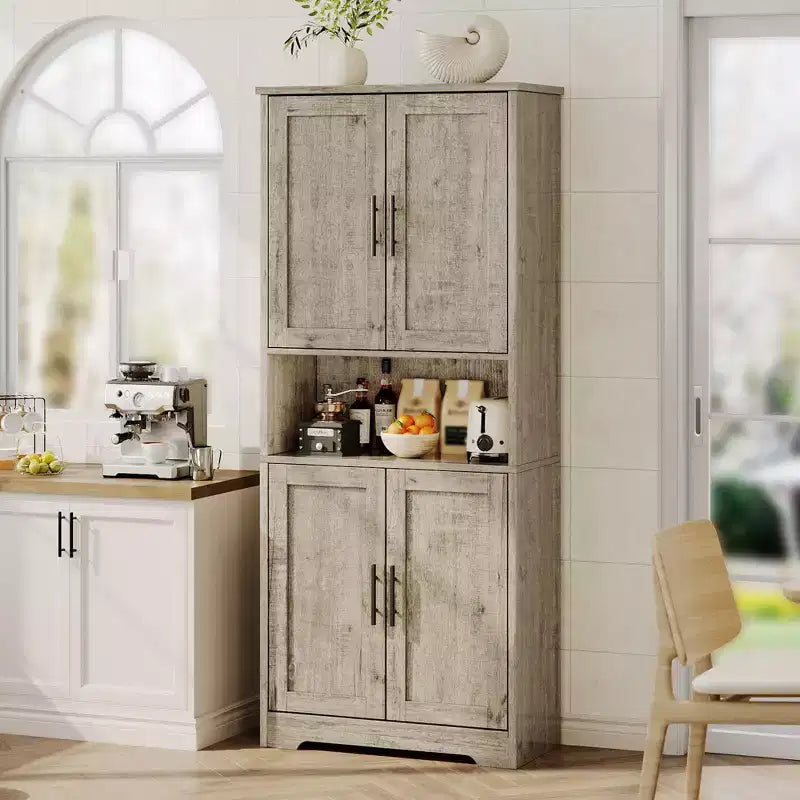 Meuble de rangement, armoire de cuisine haute de 178 cm - buffet autoportant à 4 portes avec étagères réglables, noir/gris/blanc