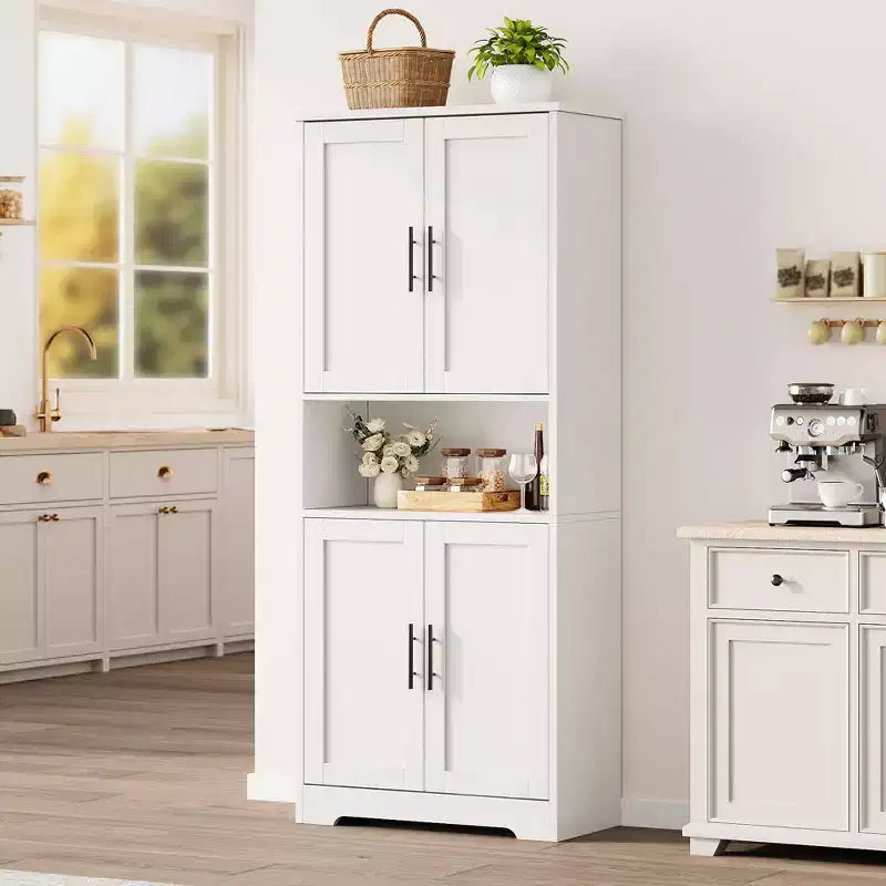 Meuble de rangement, armoire de cuisine haute de 178 cm - buffet autoportant à 4 portes avec étagères réglables, noir/gris/blanc