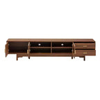 Meuble TV pour téléviseurs jusqu'à 85 pouces, meuble TV console média de style moderne du milieu du siècle avec portes en verre cannelé et 2 tiroirs, Noyer - ModernLuxe