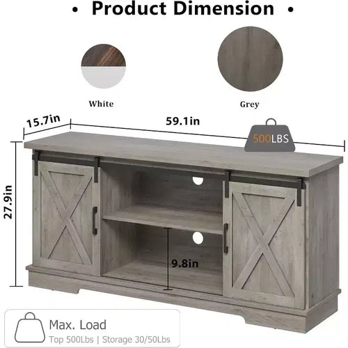 Meuble TV de ferme de 65 pouces, centre de divertissement avec rangement et portes coulissantes de grange, étagère réglable, meuble TV média moderne, gris