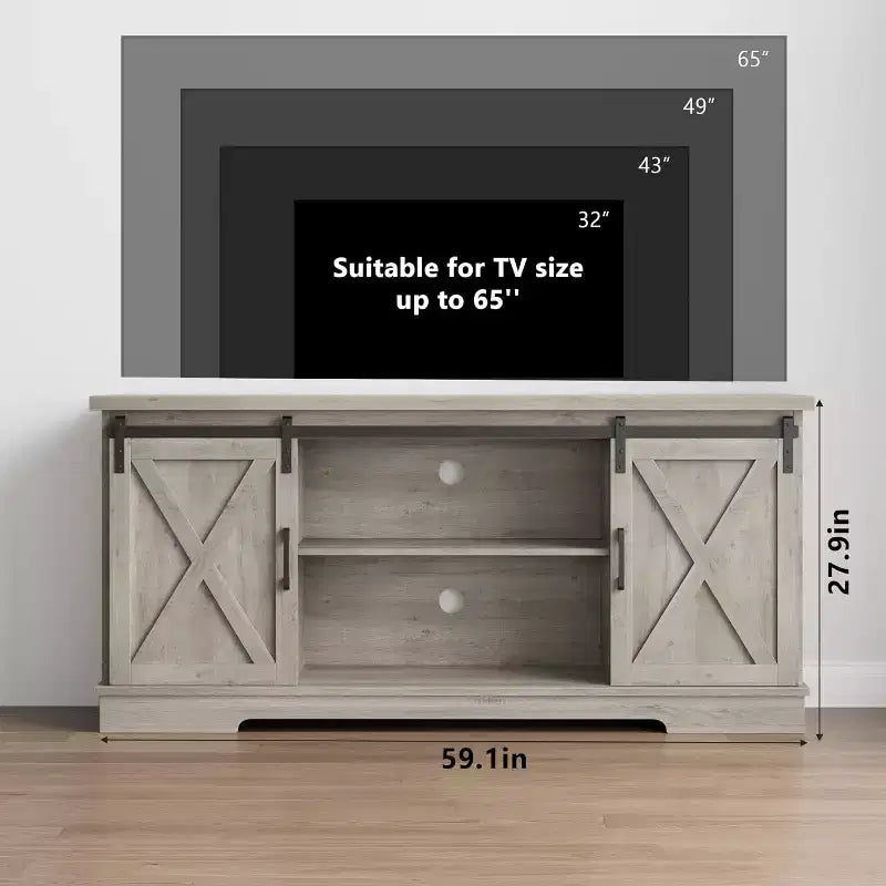Meuble TV de ferme de 65 pouces, centre de divertissement avec rangement et portes coulissantes de grange, étagère réglable, meuble TV média moderne, gris