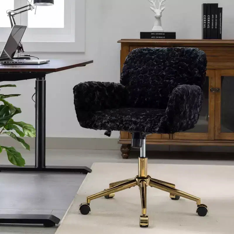 Chaise de bureau chic TUYOHW, chaise de vanité en poil de lapin artificiel, chaise de bureau pivotante à 360° avec base en métal doré, chaise d'ordinateur de 50 à 59 cm de hauteur