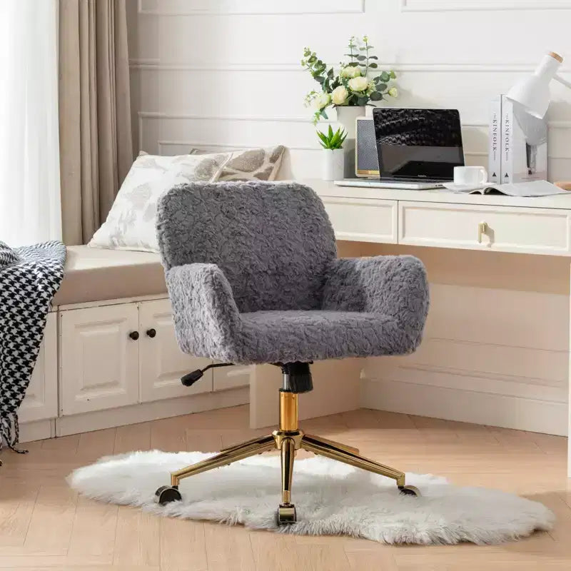 Chaise de bureau chic TUYOHW, chaise de vanité en poil de lapin artificiel, chaise de bureau pivotante à 360° avec base en métal doré, chaise d'ordinateur de 50 à 59 cm de hauteur