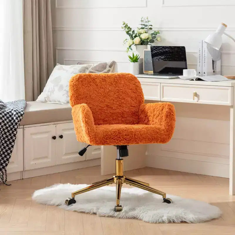 Chaise de bureau chic TUYOHW, chaise de vanité en poil de lapin artificiel, chaise de bureau pivotante à 360° avec base en métal doré, chaise d'ordinateur de 50 à 59 cm de hauteur