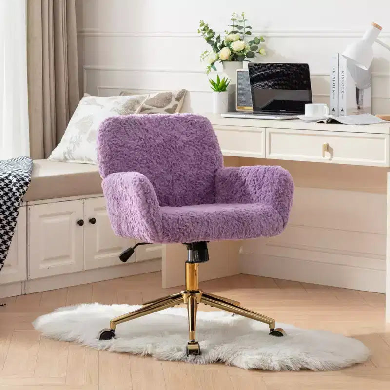 Chaise de bureau chic TUYOHW, chaise de vanité en poil de lapin artificiel, chaise de bureau pivotante à 360° avec base en métal doré, chaise d'ordinateur de 50 à 59 cm de hauteur