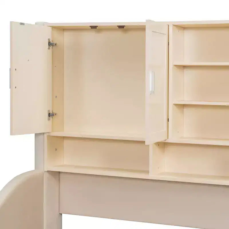 Lit de repos double capitonné Luxystar avec étagères de rangement, armoires, lumières LED et lit gigogne relevable.