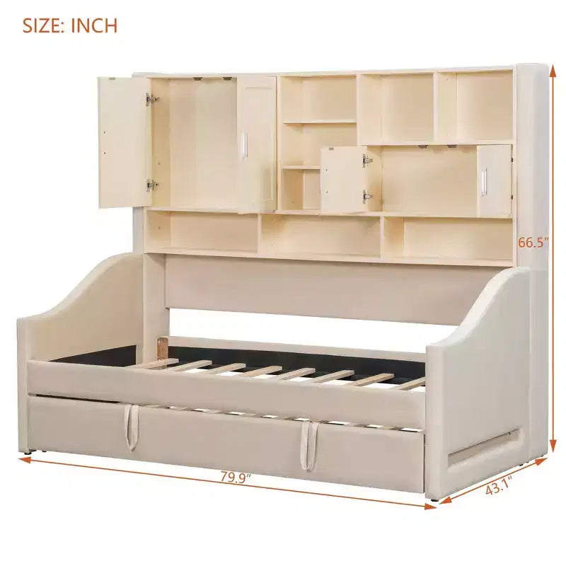 Lit de repos double capitonné Luxystar avec étagères de rangement, armoires, lumières LED et lit gigogne relevable.