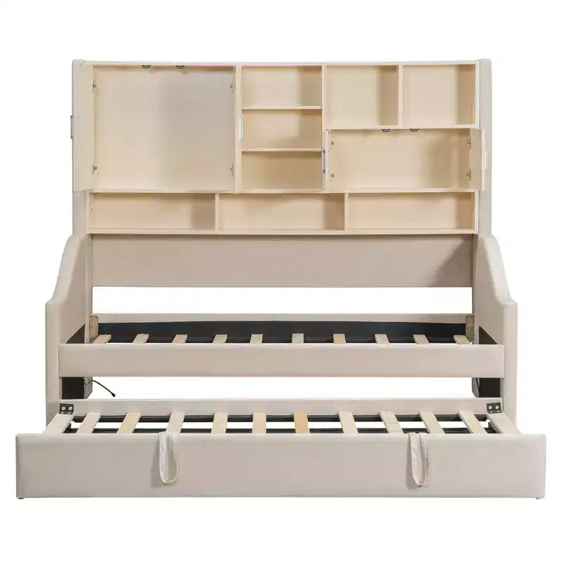 Lit de repos double capitonné Luxystar avec étagères de rangement, armoires, lumières LED et lit gigogne relevable.