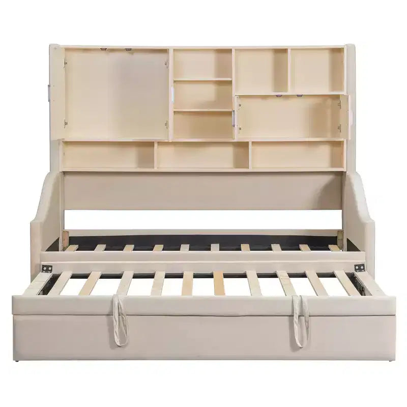 Lit de repos double capitonné Luxystar avec étagères de rangement, armoires, lumières LED et lit gigogne relevable.