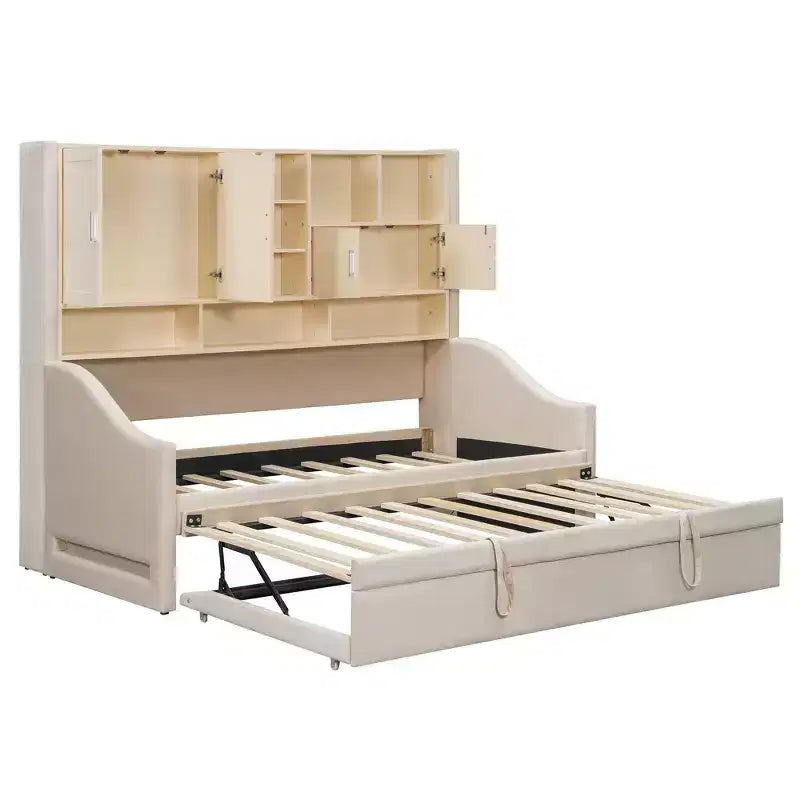 Lit de repos double capitonné Luxystar avec étagères de rangement, armoires, lumières LED et lit gigogne relevable.