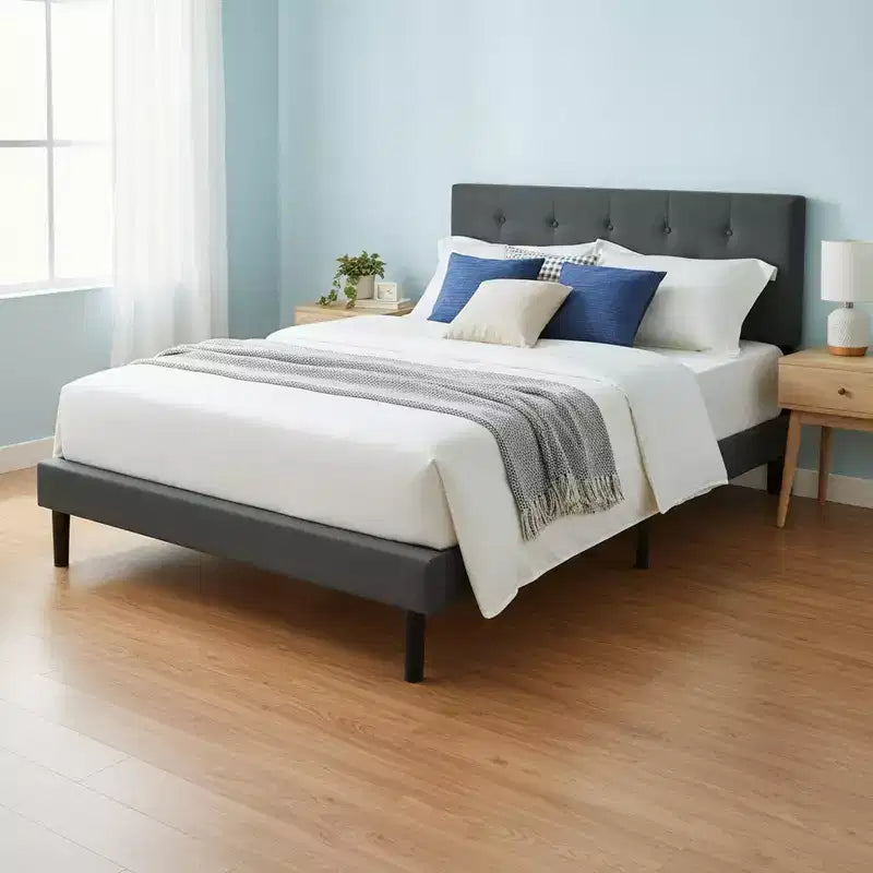 Lit plateforme capitonné double Homy Casa avec support de matelas à lattes en bois