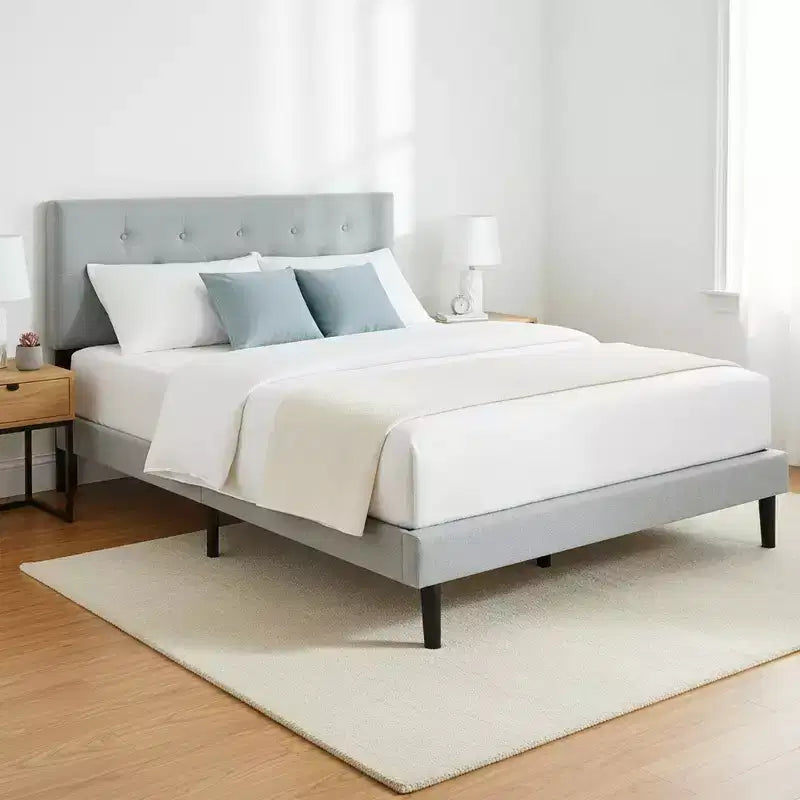 Lit plateforme capitonné double Homy Casa avec support de matelas à lattes en bois