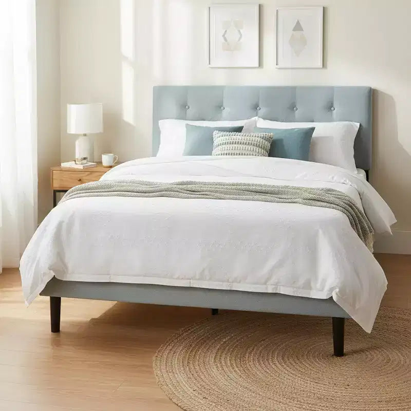 Lit plateforme capitonné double Homy Casa avec support de matelas à lattes en bois