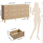 Commode haute en rotin à 9 tiroirs - Commode moderne en bois avec grand espace de rangement et plateau large pour chambre, salon ou couloir