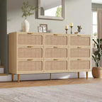 Commode haute en rotin à 9 tiroirs - Commode moderne en bois avec grand espace de rangement et plateau large pour chambre, salon ou couloir