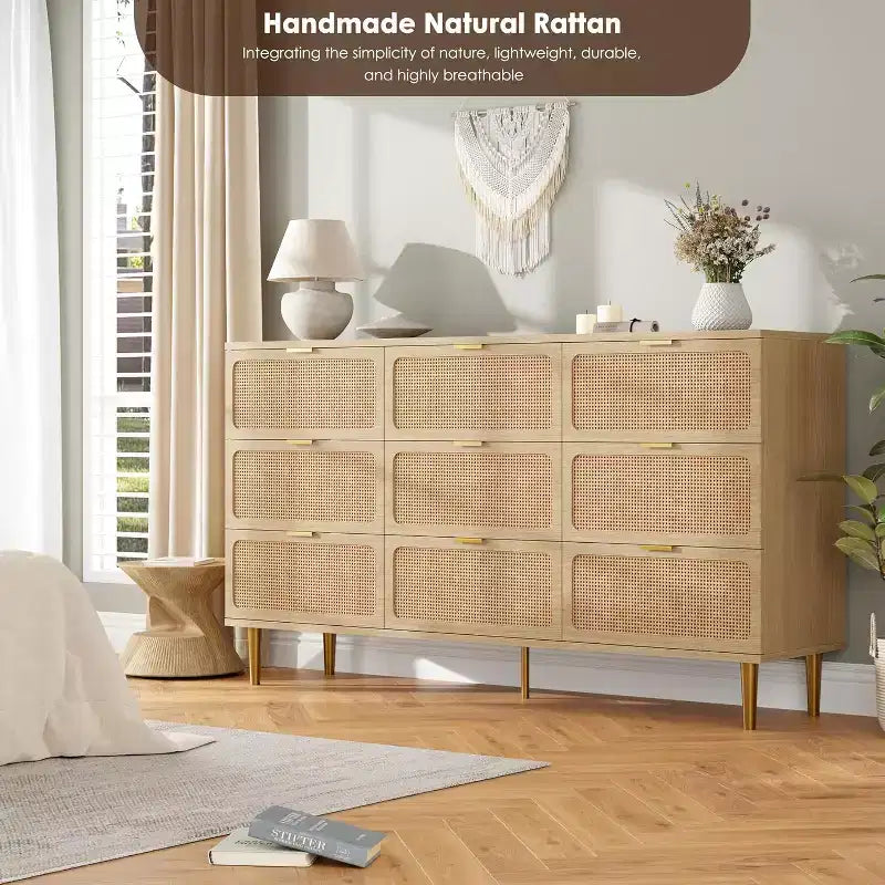 Commode haute en rotin à 9 tiroirs - Commode moderne en bois avec grand espace de rangement et plateau large pour chambre, salon ou couloir