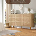 Commode haute en rotin à 9 tiroirs - Commode moderne en bois avec grand espace de rangement et plateau large pour chambre, salon ou couloir