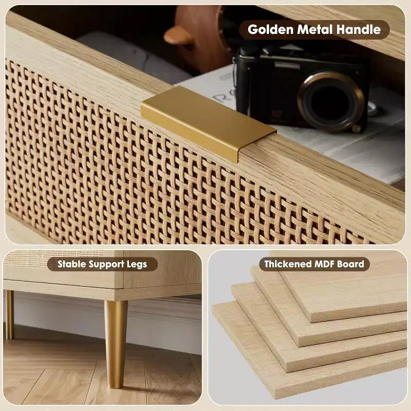Commode haute en rotin à 9 tiroirs - Commode moderne en bois avec grand espace de rangement et plateau large pour chambre, salon ou couloir