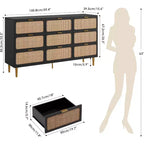 Commode haute en rotin à 9 tiroirs - Commode moderne en bois avec grand espace de rangement et plateau large pour chambre, salon ou couloir