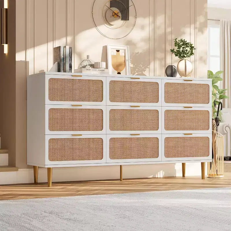 Commode haute en rotin à 9 tiroirs - Commode moderne en bois avec grand espace de rangement et plateau large pour chambre, salon ou couloir