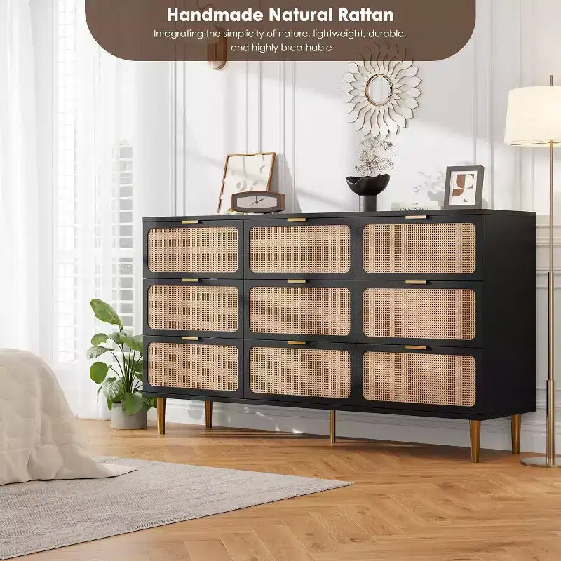 Commode haute en rotin à 9 tiroirs - Commode moderne en bois avec grand espace de rangement et plateau large pour chambre, salon ou couloir