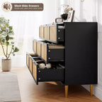 Commode haute en rotin à 9 tiroirs - Commode moderne en bois avec grand espace de rangement et plateau large pour chambre, salon ou couloir