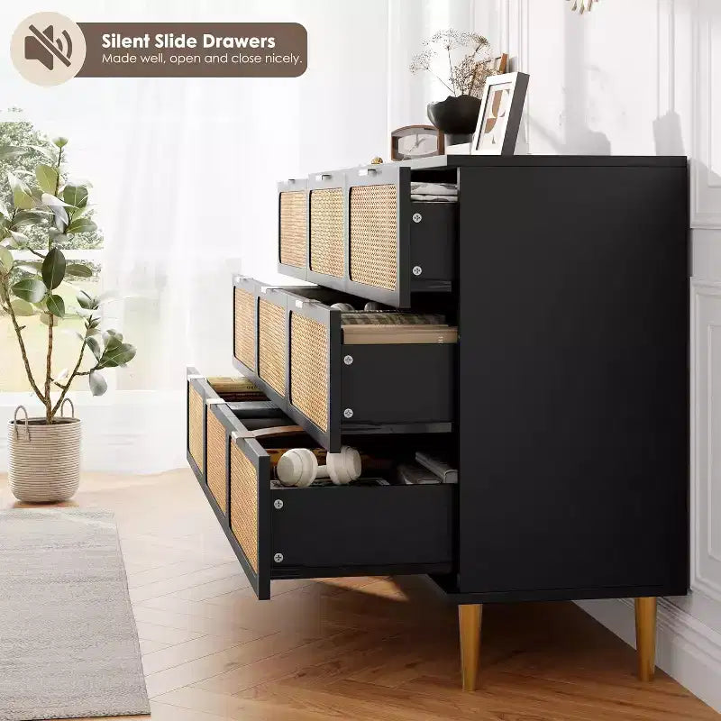 Commode haute en rotin à 9 tiroirs - Commode moderne en bois avec grand espace de rangement et plateau large pour chambre, salon ou couloir