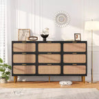 9-Drawer Tall Rattan Dresser - Modern Wooden Chest with Deep Storage & Wide Top for Bedroom, Living Room, or Hallway