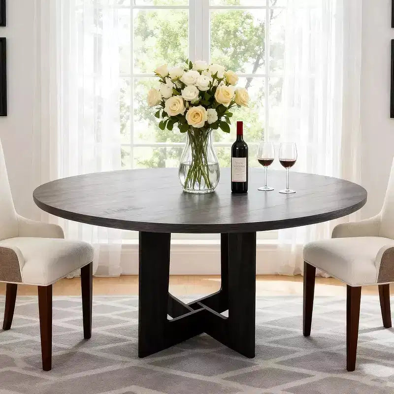 Table à manger ronde de style campagnard moderne pour 4 personnes, table piédestal en bois de 109 cm peu encombrante, base croisée robuste