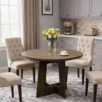 Table à manger ronde de style campagnard moderne pour 4 personnes, table piédestal en bois de 109 cm peu encombrante, base croisée robuste
