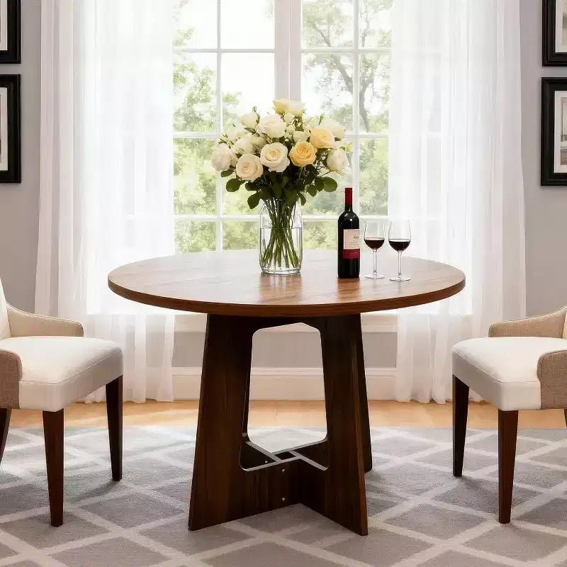 Table à manger ronde de style campagnard moderne pour 4 personnes, table piédestal en bois de 109 cm peu encombrante, base croisée robuste