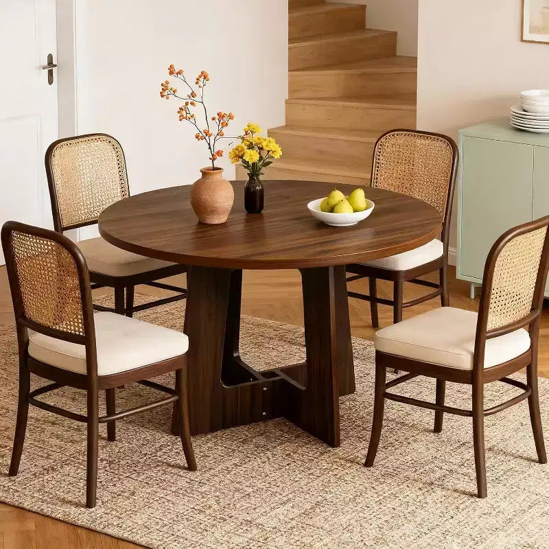 Table à manger ronde de style campagnard moderne pour 4 personnes, table piédestal en bois de 109 cm peu encombrante, base croisée robuste