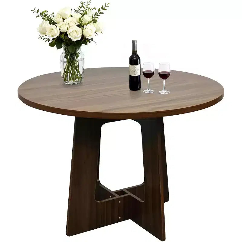 Table à manger ronde de style campagnard moderne pour 4 personnes, table piédestal en bois de 109 cm peu encombrante, base croisée robuste