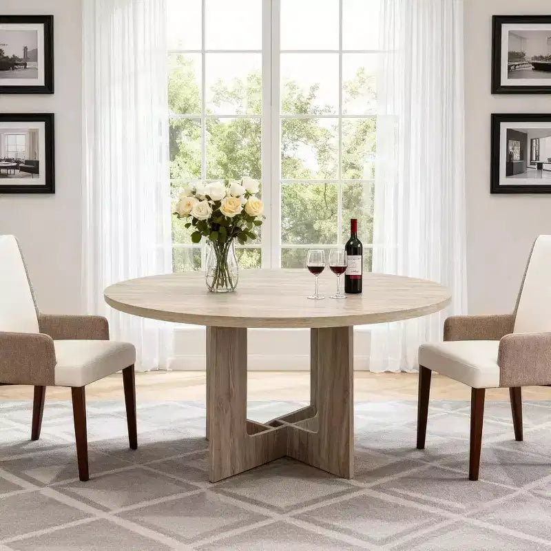 Table à manger ronde de style campagnard moderne pour 4 personnes, table piédestal en bois de 109 cm peu encombrante, base croisée robuste