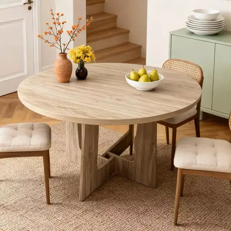 Table à manger ronde de style campagnard moderne pour 4 personnes, table piédestal en bois de 109 cm peu encombrante, base croisée robuste