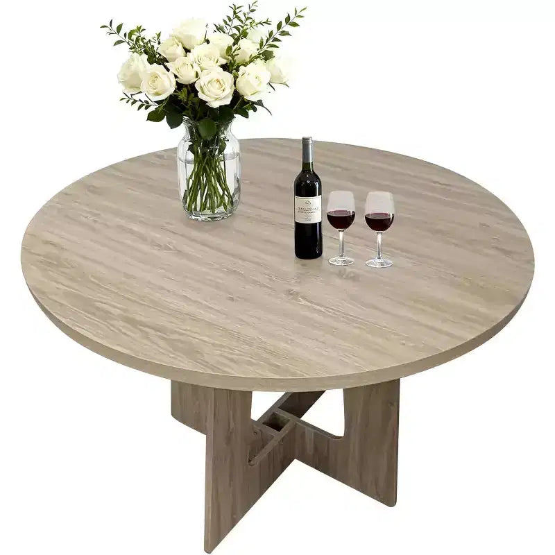 Table à manger ronde de style campagnard moderne pour 4 personnes, table piédestal en bois de 109 cm peu encombrante, base croisée robuste