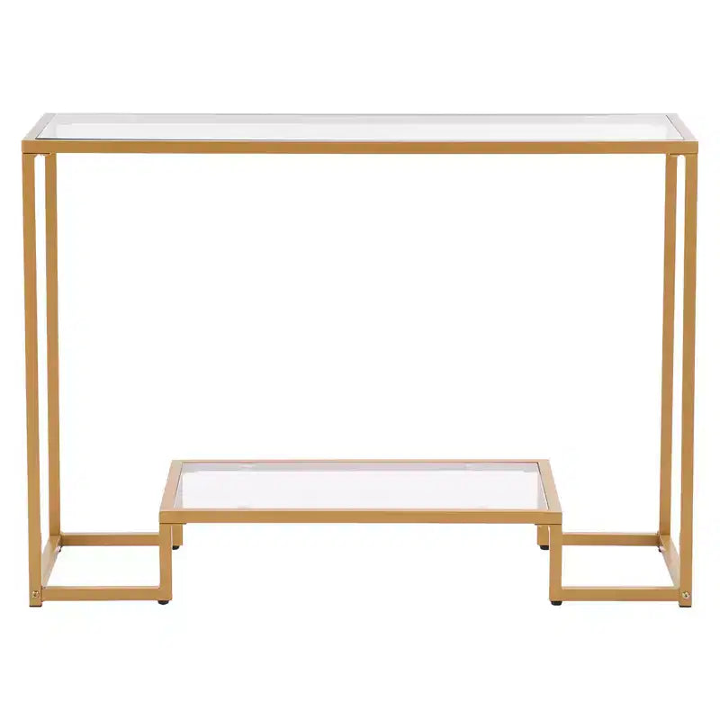 VEVOR 2-Tier Glass Console Table, Modern Rectangle Sofa Side Table with Tempered Glass Top and Iron Legs, Golden Consloe Desk, Golden