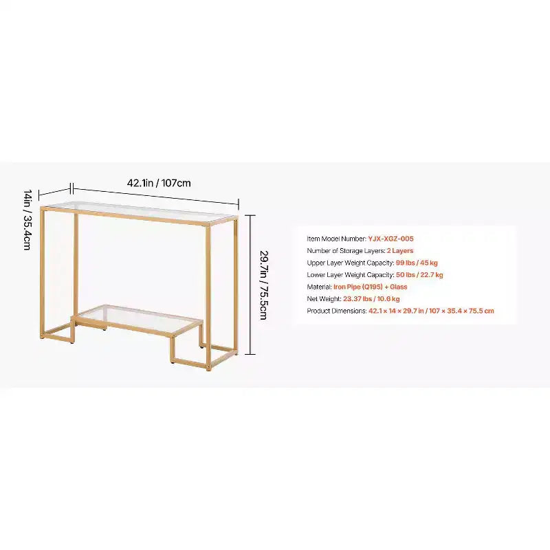 VEVOR Table Console à 2 Niveaux en Verre, Table d'Appoint Rectangulaire Moderne avec Plateau en Verre Trempé et Pieds en Fer, Bureau Console Doré, Doré