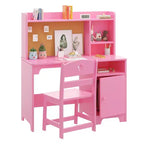 Kids Study Desk & Chair Set, Ergonomic Children's Learning Table with Bookshelf and Organizer, Engineered Wood, Gift for Boys Girls Ages 3-8, Pink