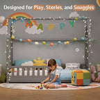 Lit cabane AMERLIFE pour enfants, taille jumeau, avec garde-corps, barrières amovibles, toit cabane, cadre de lit Montessori en bois, assemblage facile