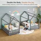 Lit cabane AMERLIFE pour enfants, taille jumeau, avec garde-corps, barrières amovibles, toit cabane, cadre de lit Montessori en bois, assemblage facile