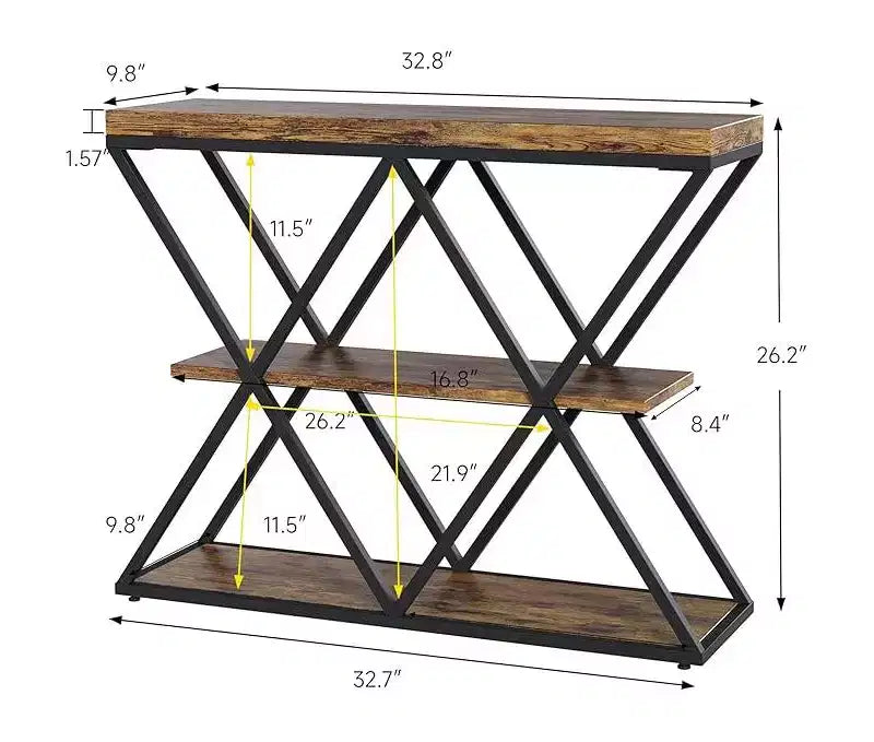 Console de table industrielle à 3 niveaux avec cadre en métal en forme de X, table console/canapé à étagère ouverte pour salon avec pieds réglables