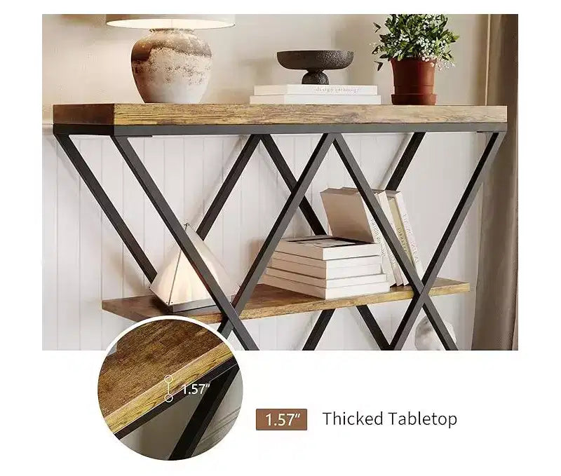 Console de table industrielle à 3 niveaux avec cadre en métal en forme de X, table console/canapé à étagère ouverte pour salon avec pieds réglables