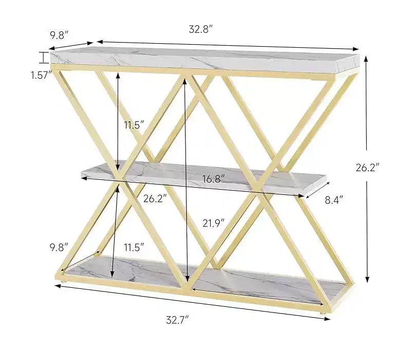 Console de table industrielle à 3 niveaux avec cadre en métal en forme de X, table console/canapé à étagère ouverte pour salon avec pieds réglables