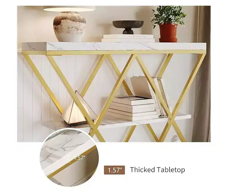 Console de table industrielle à 3 niveaux avec cadre en métal en forme de X, table console/canapé à étagère ouverte pour salon avec pieds réglables