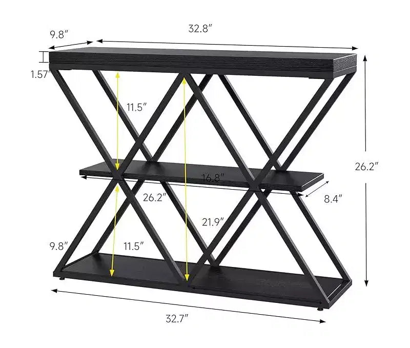 Console de table industrielle à 3 niveaux avec cadre en métal en forme de X, table console/canapé à étagère ouverte pour salon avec pieds réglables
