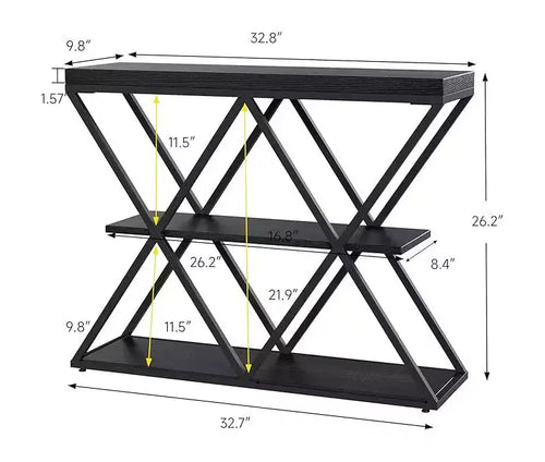 Console de table industrielle à 3 niveaux avec cadre en métal en forme de X, table console/canapé à étagère ouverte pour salon avec pieds réglables