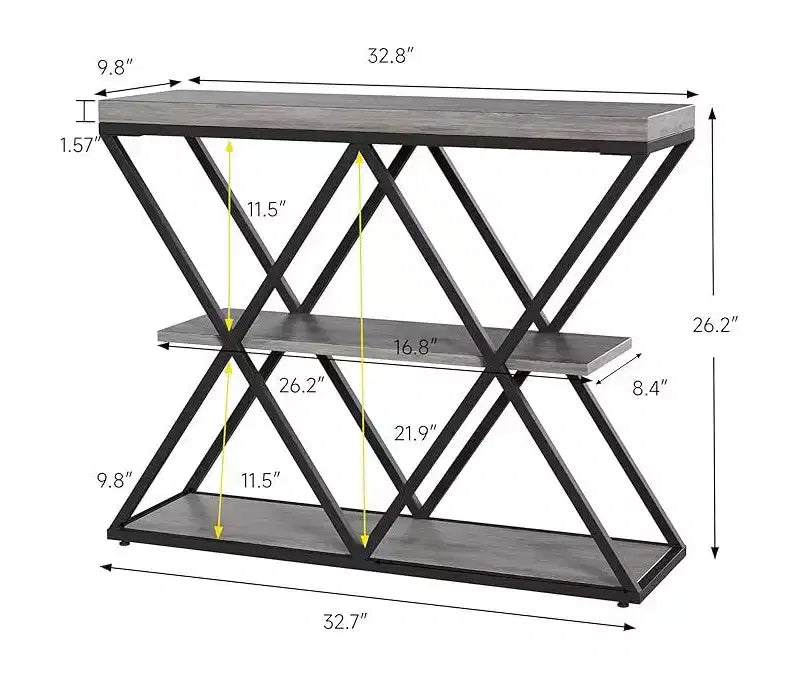 Console de table industrielle à 3 niveaux avec cadre en métal en forme de X, table console/canapé à étagère ouverte pour salon avec pieds réglables