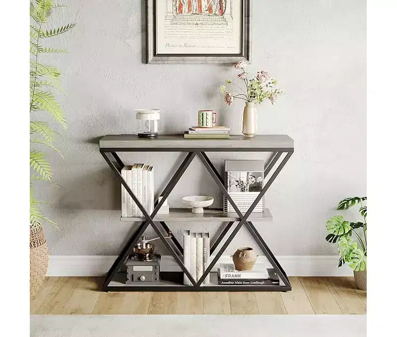 Console de table industrielle à 3 niveaux avec cadre en métal en forme de X, table console/canapé à étagère ouverte pour salon avec pieds réglables